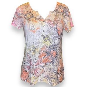 🎈Style & Co Butterfly Floral Burn Out T Shirt Embellished Medium Petite